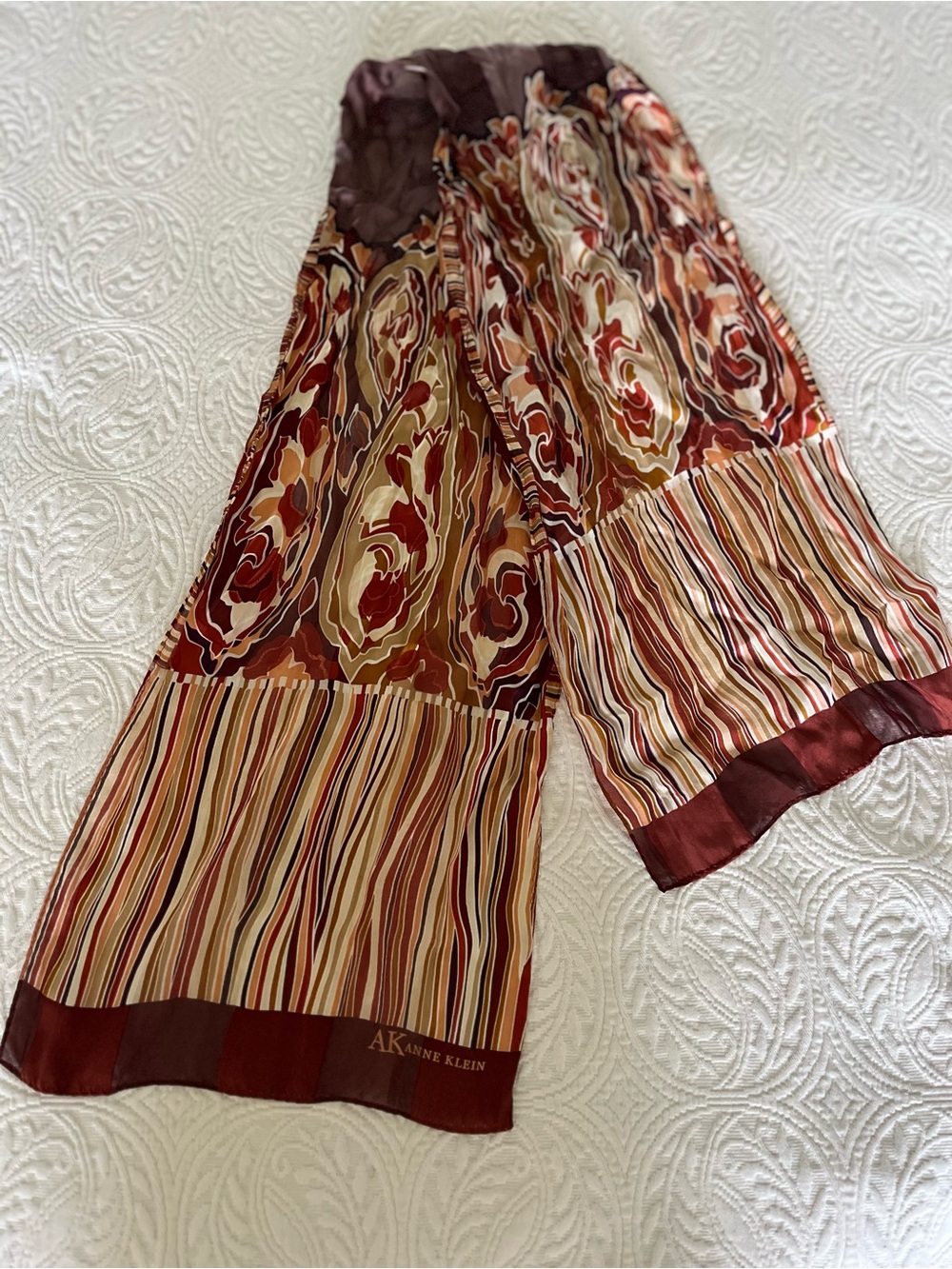 Anne Klein Silk Scarf 10x52 Oblong Autumn Colors Brown Purple Ivory Orange